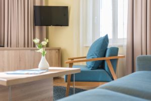 Wohnzimmer mit Couch und Sessel in der Ferienwohnung 1